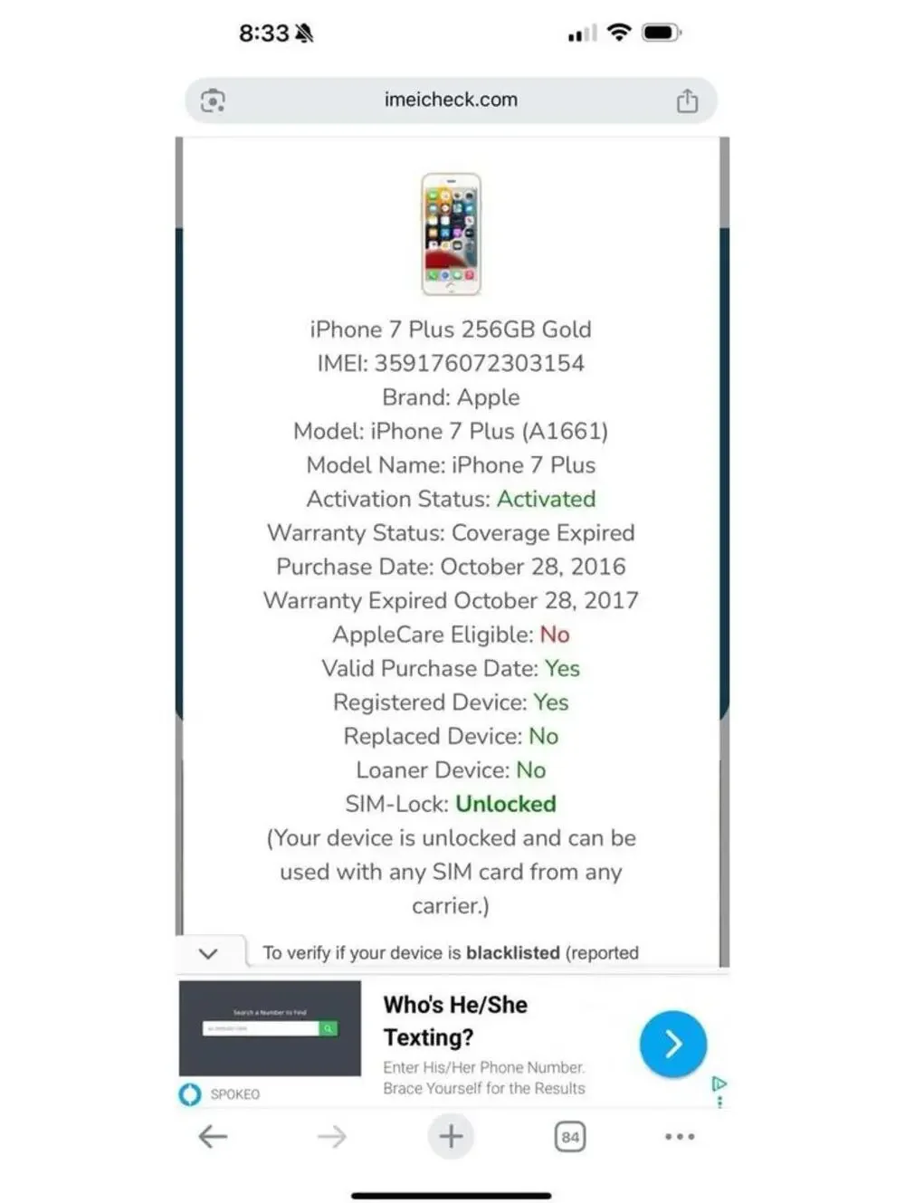 Apple iPhone 7 Plus (A1661) 256GB - Gold (Unlocked) Smartphone